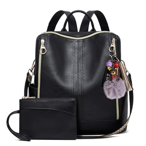 Makes Backpack Purse for Women PU Leather Travel Satchel Handbag Convertible Design Bag with Purse - color: Black Quadruple Zipper