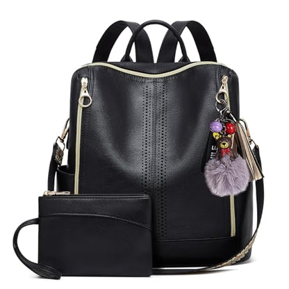 Makes Backpack Purse for Women PU Leather Travel Satchel Handbag Convertible Design Bag with Purse - color: Black Quadruple Zipper