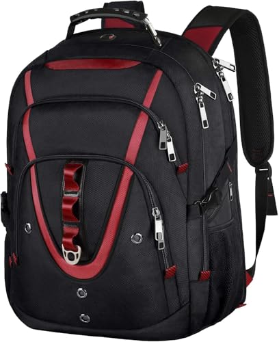 18.4 Inch Laptops Backpack, 55-60L Extra Large Travel Laptop Backpack, TSA Friendly Flight Approved and RFID Anti-Theft Pocket, Water Resistant Suiltable for Large Gaming Laptop - color: Black-red, size: 18inch(21.5*16.3*9.9")
