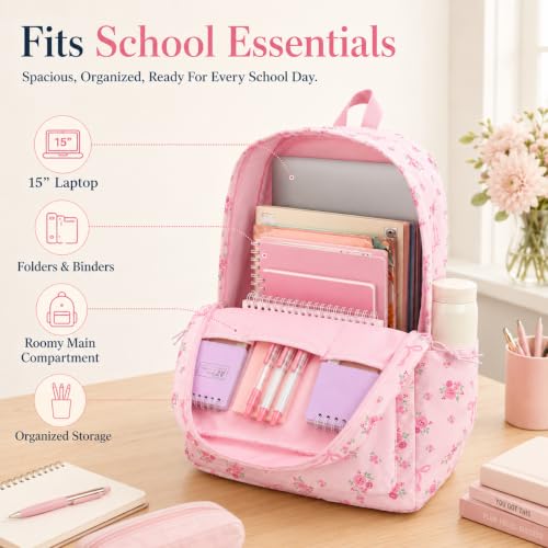 Bluboon Teen Girls School Backpack Kids Bookbag Set with Lunch Box Pencil Case Travel Laptop Backpack Casual Daypacks (Pink bow tie) - color: Large Bow Floral Pink