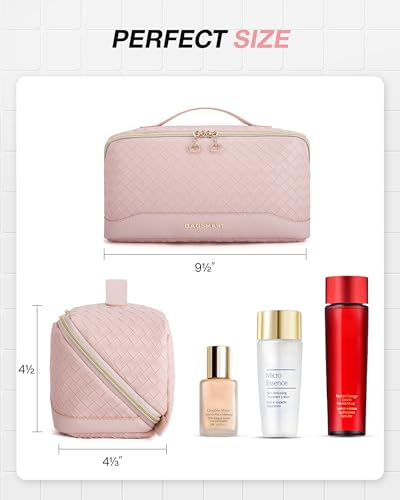 BAGSMART Makeup Bag, Travel Cosmetic Bag Organizer, PU Leather Water-Resistant Pouch, Open Flat Makeup Storage for Toiletries, Brushes, PU Leather Pink - color: 24-A-Pink