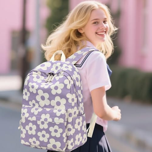 Bluboon School Backpack Set Girls Womens Laptop Bookbag Casual Daypack Fits 15 inch Laptop with Lunch Tote Bag and Pencil Bag - color: Beige Floral / Purple Base