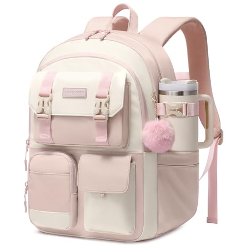 LOVEVOOK School Backpack for Teen Girls,Student Backpack Purse for 8-16 Teenage,Cute Kid Bookbag with Large Cup Holder,Back to School Backpack Fit 15.6 Inch Laptop,College Travel Bag for Daughter Gift - color: Pink-white, size: 15.6 inch