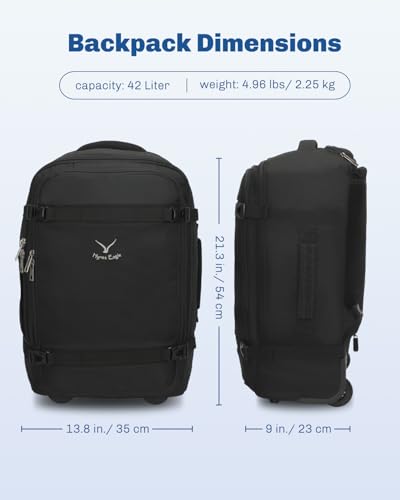 Hynes Eagle Rolling Backpack 42L Backpack with Wheels Airline Approved Carry on Luggage Laptop Travel Suitcase Bag for Women Men Jet Black - color: Jet Black