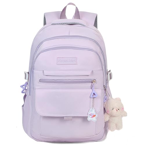 PRLINJSK Girls Backpack for College High Middle School Student, Cute Aesthetic Bookbag for Teens Women with Accessories，Purple - color: Purple, size: 17.5 Inch