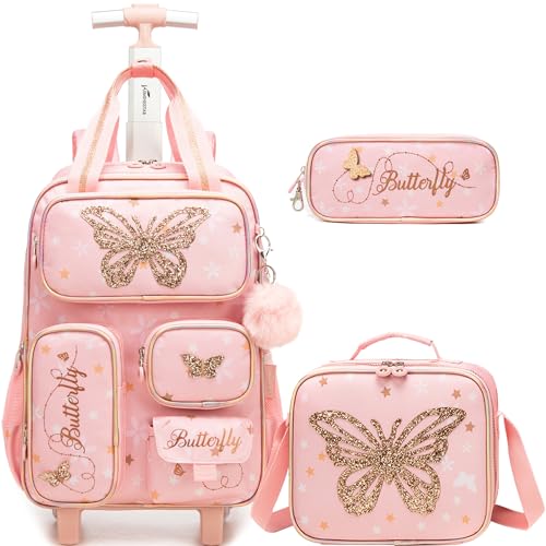 Kids Rolling Backpack with Wheels for Girls Roller Travel Luggage Kids Carry on School Backpack for Girls Ages 6-8 - color: Pink 03