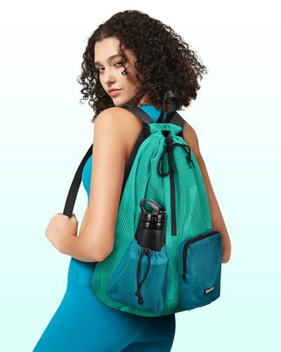 WANDF Swim Bag for Swimmers, Mesh Beach Backpack - color: Turquoise With 2 Front Pockets, size: Large