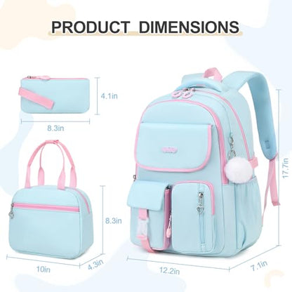 DIGOBAY Backpacks for Girls, 3PCS School Backpack with Lunch Box Pencil Pouch for Teen Girls Kids Elementary Primary Middle High College Travel School bag Bookbag Set Aquamarine-pink - color: Aquamarine-pink