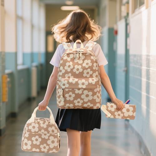 Bluboon School Backpack Set Girls Womens Laptop Bookbag Casual Daypack Fits 15 inch Laptop with Lunch Tote Bag and Pencil Bag - color: Beige Flower Brown Base