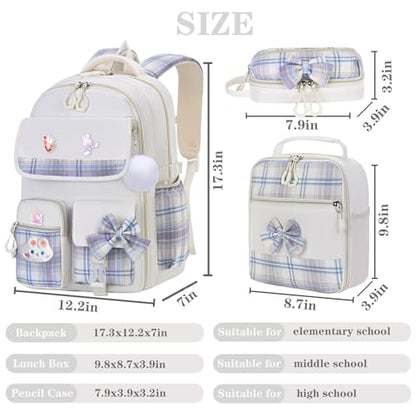 NSEQB Girls Backpack,Kids School Backpack With Lunch Box Pencil Case Set,Cute Childrens Schoolbag For Girls - color: Beige-3PCS