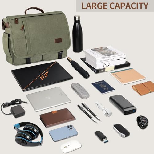 ESTARER Messenger Bag 17.3 Inch, Mens Computer Bag Water-resistant Canvas, Laptop Bag Satchel Briefcase for Teacher/College/Work/Travel, Army Green - color: 17.3” Army Green