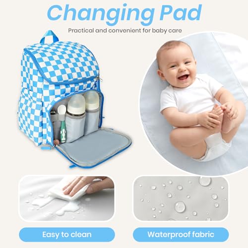FHELAD Checkered Diaper Bag Backpack with Changing Pad & Stroller Clips, Large Travel Baby Diaper Bag for Newborn Moms, Baby Shower Gifts (Sky Blue) - color: Sky Blue