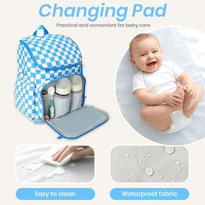 FHELAD Checkered Diaper Bag Backpack with Changing Pad & Stroller Clips, Large Travel Baby Diaper Bag for Newborn Moms, Baby Shower Gifts (Sky Blue) - color: Sky Blue