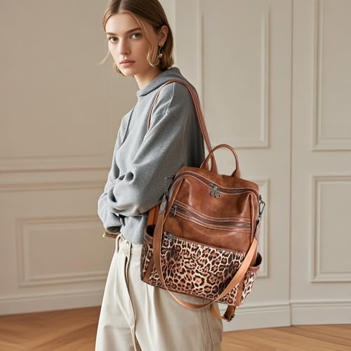 AGLOD Leather Backpack Purse for Women Designer Ladies Shoulder Bag Fashion Faux Work Travel Handbags - color: Leopard