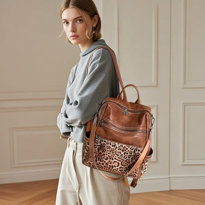 AGLOD Leather Backpack Purse for Women Designer Ladies Shoulder Bag Fashion Faux Work Travel Handbags - color: Leopard
