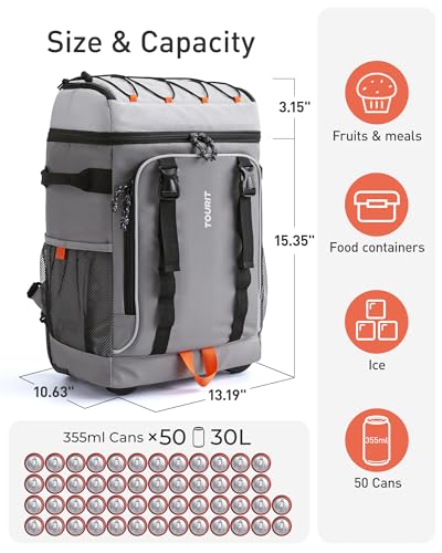 TOURIT Insulated Rolling Cooler Backpack, Leakproof Waterproof Beach Cooler Bag with Wheels and Handle, Outdoor Camping Picnic Travel - color: 02-Grey, style: 50 Cans