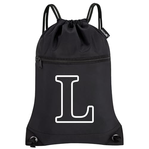HOLYLUCK Drawstring Bags Initial Backpack Sackpack Cinch Bags for Sports, Gym, Travel, Beach (Black-L) - color: Black-l
