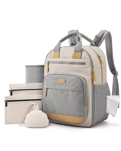 mommore Diaper Bag Backpack with Waterproof Changing Pad, Insulated Bottle Holders & Pacifier Case, Baby Diaper Bag with 2 Organizer Pouches, Stroller Straps, Gray White - color: Gray White
