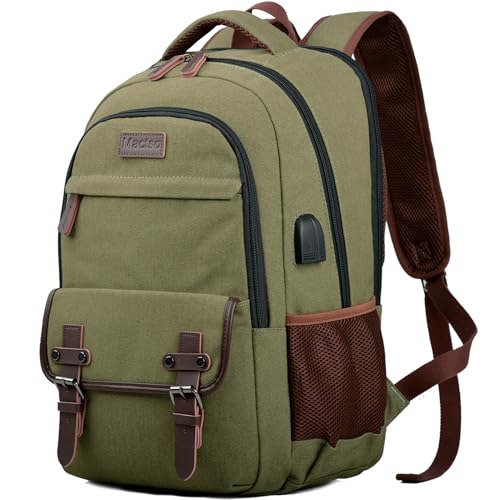 Mactso Canvas Travel Laptop Backpack for Men Women, Business Work Rucksack College School Computer Bag Fits 15.6 Inch Notebook,Bookbag with USB Charging Port (Green, 15.6 Inch) - color: Green, size: 15.6 Inch