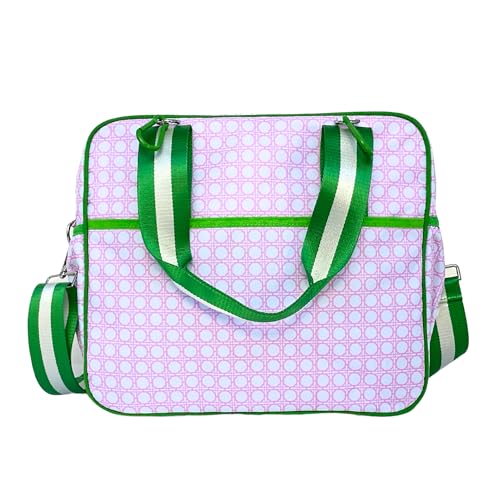 Cute Prepster Pickleball Bag for Women with Fence Hook, Tote with Pockets for Water Bottle, Paddles, Balls, Accessories - color: Pink Bamboo Print