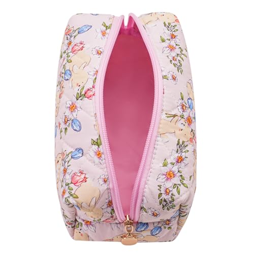 Cute Floral Makeup Bag Small Cotton Quilted Cosmetic Bag, Aesthetic Essential Bag Emergency Bag Gift for Women Girls Travel Accessories (Yellow Rabbit) - color: Yellow Rabbit