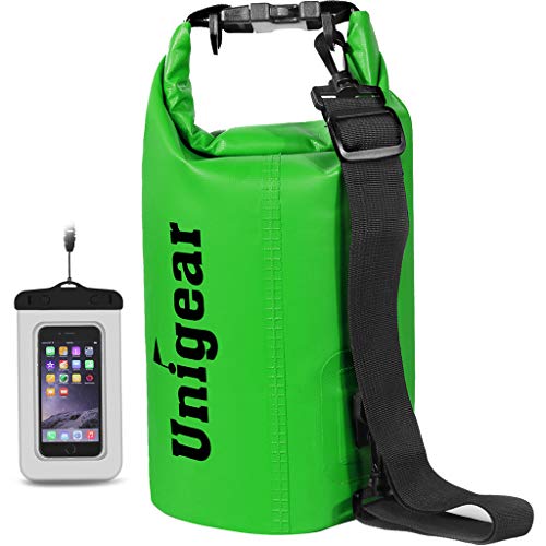Unigear Dry Bag Waterproof, 2L/5L/10L/20L/30L/40L Floating and Lightweight Bags for Kayaking, Boating, Fishing, Swimming and Camping with Waterproof Phone Case - color: Green, size: 5L