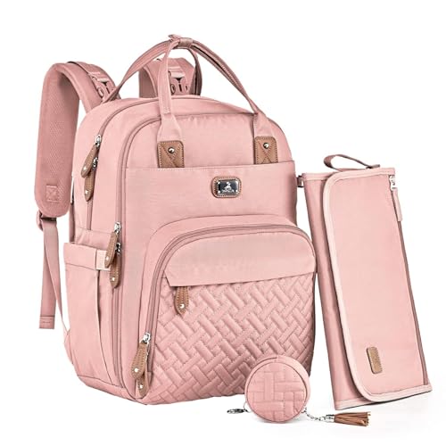 Dikaslon Diaper Bag Backpack with Portable Changing Pad, Pacifier Case and Stroller Straps, Large Unisex Baby Bags for Boys Girls, Multipurpose Travel Back Pack Moms Dads, Pink - color: Pink