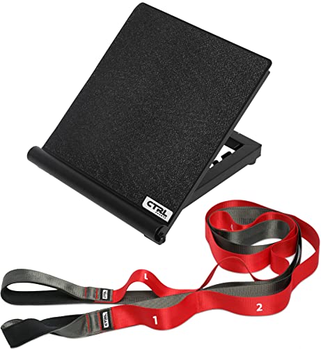 Stretching Strap with Loops - Non Elastic Stretch Band for Physical Therapy, Yoga Strap for Stretching Equipment, Stretch Bands for Exercise and Flexibility - Fascia, Hamstring & Leg Stretcher Belt - style: 10 Loops Red + Black Slant Board