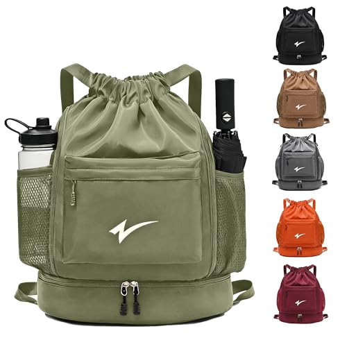 Sport Drawstring Backpack, Gym Bag with Mesh Side Pockets and Separate Shoe Compartment, Water-Resistant (Army-Green) - color: Army-green