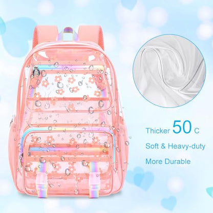 KLFVB Clear School Backpack Heavy Duty, 3PCS Girls See Through Bag Set, Cute Transparent Bookbag for Women - Plum Blossom Pink - color: Plum Blossom Pink Clear Backpack