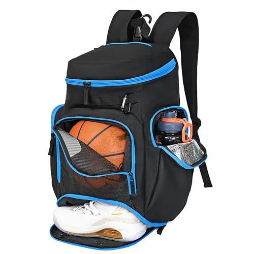 LARIPOP Basketball Backpack with Ball & Ventilated Shoe Compartment Insulated Pockets for Men Training - color: TR Blue