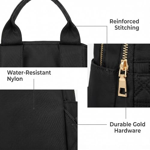 Small Nylon Women Backpack Purse, Lightweight Casual Mini Shoulder Satchel Tote Bag, 13 Inch Stylish Quilted Daypack Crossbody Bag for Daily Travel Commute, Black