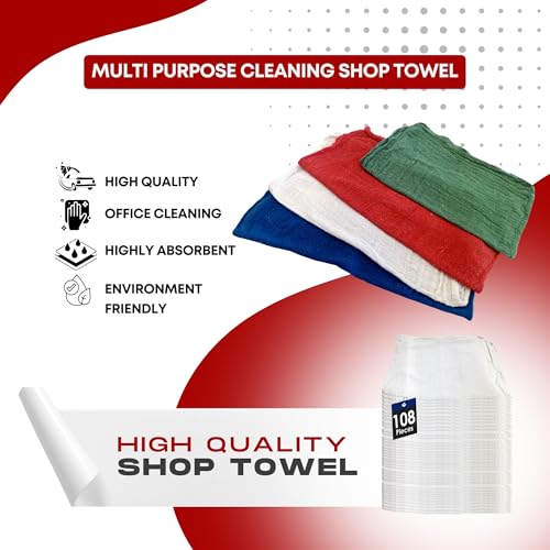 Cotton Shop Towels Cleaning Rags 108 Pack, 12x14 Inch 100% Cotton Bulk - Dye-Free Lint-Free Shop Rags Cleaning Cloths for Bar, Car, Garage, Automotive and Kitchen - White - color: White - 108 Pack