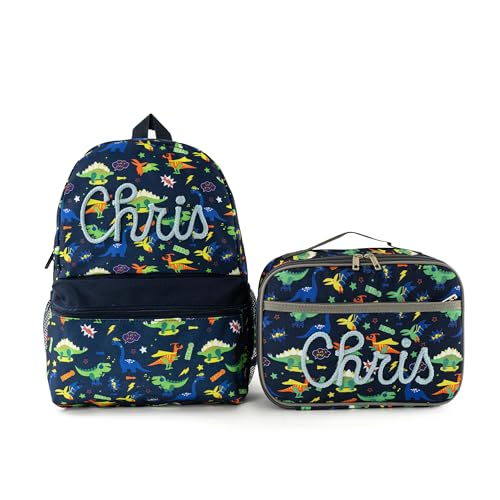 MT WORLD Dinosaur Backpack with Lunch Box Set Personalized Small Daycare Backpack Set with Name - 15" H Backpacks with Chest Buckle - Insulated Lunch Bag with Exterior & Interior Pocket - color: Dinosaur Set, size: Medium
