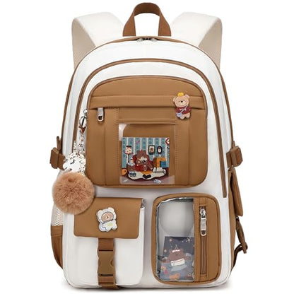 Backpack for Girls with Accessories Laptop Bookbags 16 Inch Kawaii Kids Elementary Middle High School Bag College Travel Daypack Gifts for Teens Women Students (Beige Khaki) - color: Beige Khaki