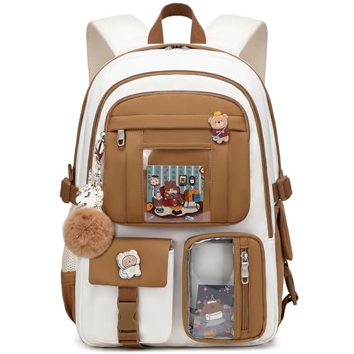 Backpack for Girls with Accessories Laptop Bookbags 16 Inch Kawaii Kids Elementary Middle High School Bag College Travel Daypack Gifts for Teens Women Students (Beige Khaki) - color: Beige Khaki