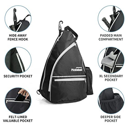 Mangrove Pickleball Bag, Men's & Women's Pickleball Backpack, Adjustable Sling Bag w/Fence Hook/Large Capacity/Safety Pocket - color: Black