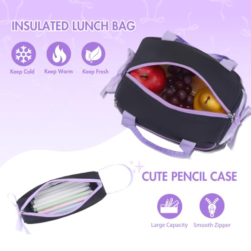 Kids Backpack for Girls - 3PCS Cute Embroidered Bow Girls Backpack with Insulated Lunch Bag & Pencil Case - Bookbag for Teen Women Middle High School College Work Travel Daypack - color: Black Purple