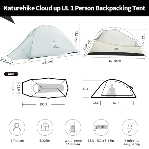 Naturehike Cloud Up 1 Person Tent, Lightweight Backpacking Tents for One Man, Waterproof Ultralight One Person Tent for Camping Hiking Backpacking - color: Light Gray