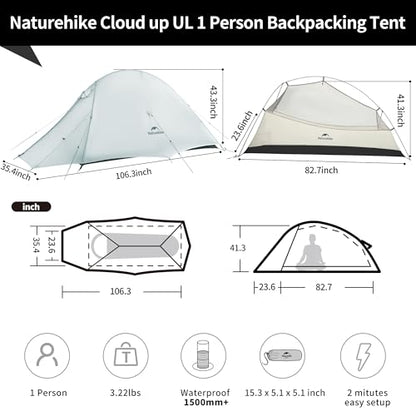 Naturehike Cloud Up 1 Person Tent, Lightweight Backpacking Tents for One Man, Waterproof Ultralight One Person Tent for Camping Hiking Backpacking - color: Light Gray