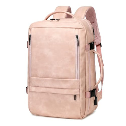 Travel Backpack for Women, PU Leather Carry On Backpack Flight Approved with Laptop Compartment, 40L Expandable Personal Item Travel Bag for Traveling Weekender Business (Pink) - color: Pink
