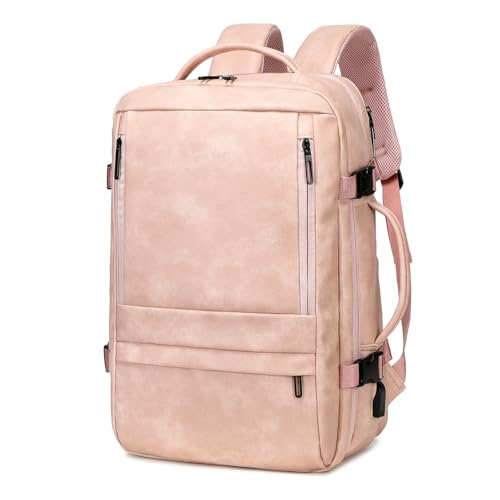 Travel Backpack for Women, PU Leather Carry On Backpack Flight Approved with Laptop Compartment, 40L Expandable Personal Item Travel Bag for Traveling Weekender Business (Pink) - color: Pink