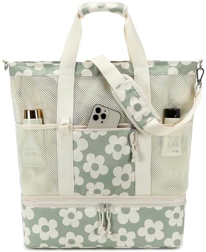 Bluboon Mesh Beach Tote Bag with Cooler Compartment Insulated Detachable Picnic Bag with Zipper and Pocket Pool Bag for Women - color: Flower 157 Green