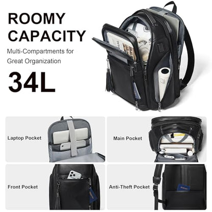 Shrrie 17 Inch Travel Laptop Backpack for Men&Women, Vegan Leather Suitcase Backpack with USB Charger, Expandable Large Capacity Computer Backpack Purse for Work Business Travel, Black - color: Black