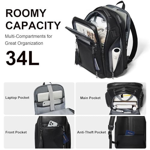 Shrrie 17 Inch Travel Laptop Backpack for Men&Women, Vegan Leather Suitcase Backpack with USB Charger, Expandable Large Capacity Computer Backpack Purse for Work Business Travel, Black - color: Black