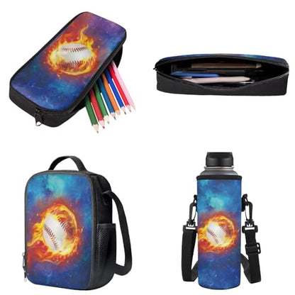 Baseball Flame Starlight Backpacks Schoolbag for Children Reusable Hiking Rucksack Casual Daypack Pencil Bag Lunch Box Bottle Pouch for Daily Use, Set of 4 - color: Baseball Flame Starlight