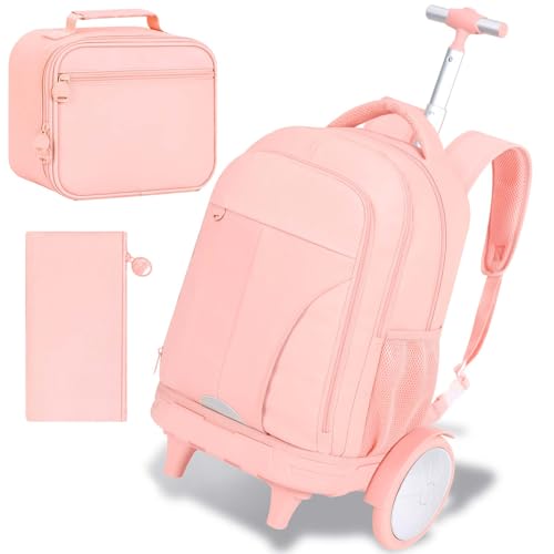 AGSDON Quiet Glide Rolling Backpack with Lunch Box Set - Large Wheel Water-Resistant Wheeled Bag for Business, Travel, and College | Blush Pink 3-in-1 Organizer Backpack - color: Reflective Pink - Rolling Backpack