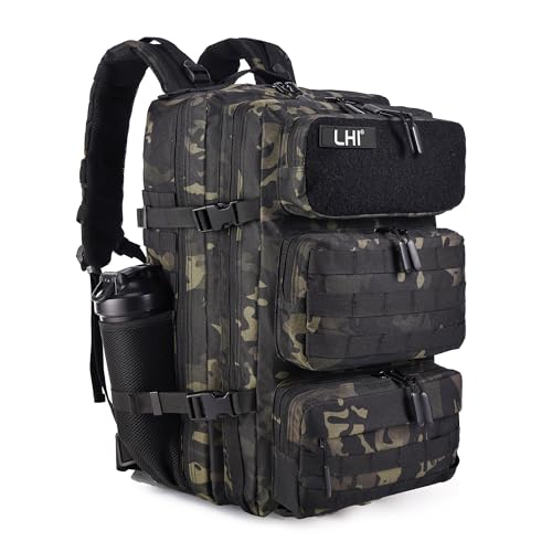 LHI Tactical Military Backpack for Men and Women 25L/35L Army Assault Pack Bag Small Rucksack with Bottle Holder - color: 50l-shoe Compartment(blackcp), size: Large