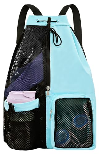 Mesh Beach Backpack with Wet Pocket Drawstring Pool Bag Waterproof Swimming Bag Gym Backpack for Men & Women - color: Mint Blue