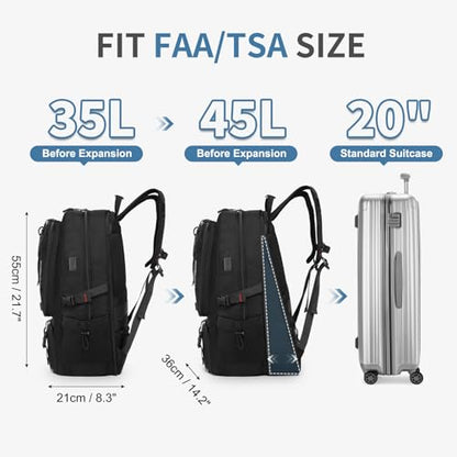 Travel Backpack 45L TSA Approved Carry on Backpack with Shoe Compartment & Wet/Dry Separation, Laptop Bag Fits 18.4 Inch Computer, Water Resistant Backpack for Men Women, Black - color: Expandable Black